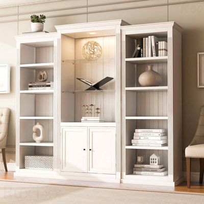 78.75'' Tall 3-Pieces Bookcase Display Cabinet With 5 Colors Adjustable Led Ceiling Light Retro Style Bookshelves With Tempered Glass Shelves For Living Room Office Studio Or Workspace