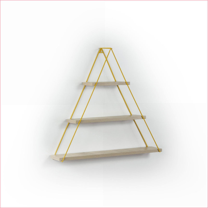 Wall Shelf Rustic Metal Triangle Oak/Mustard Yellow Wall Mounted for Books | Oak | Solid Wood, Oak