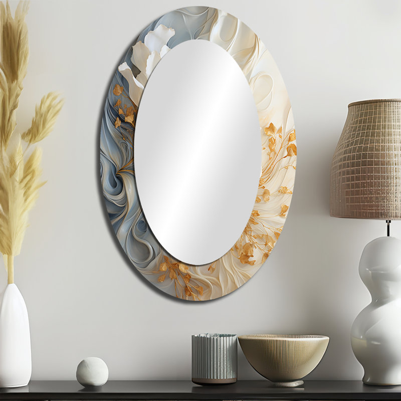 Blanc et blanc champagne or V - Grand miroir mural ovale sur métal, H 36 po x l 24 po