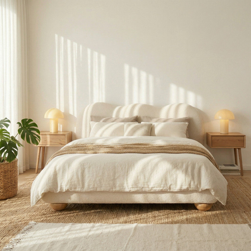Grand lit plateforme tapissier avec tête de lit ondulée Cloud Wave, Grand lit, Blanc