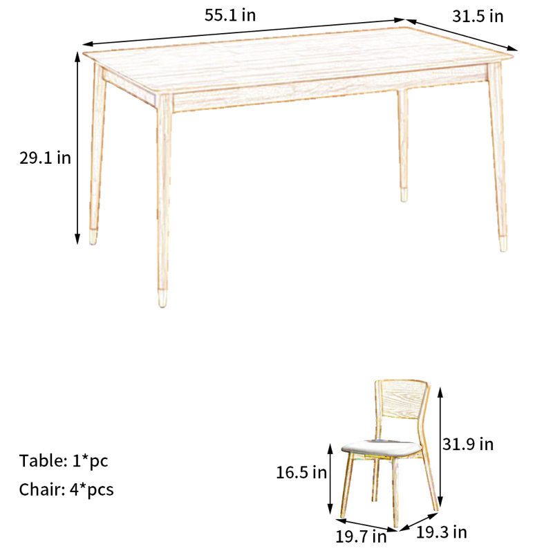 Ensemble de table de salle à manger rectangulaire en bois massif L 55,1 po x l 31,5 po, Brun clair, 5