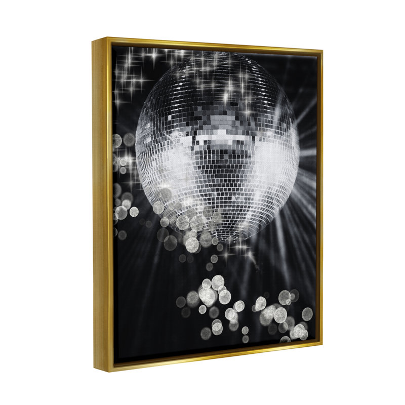 Balle disco scintillante sur toile, H 31 po x l 25 po x P 1,7 po, Cadre flottant métallique doré