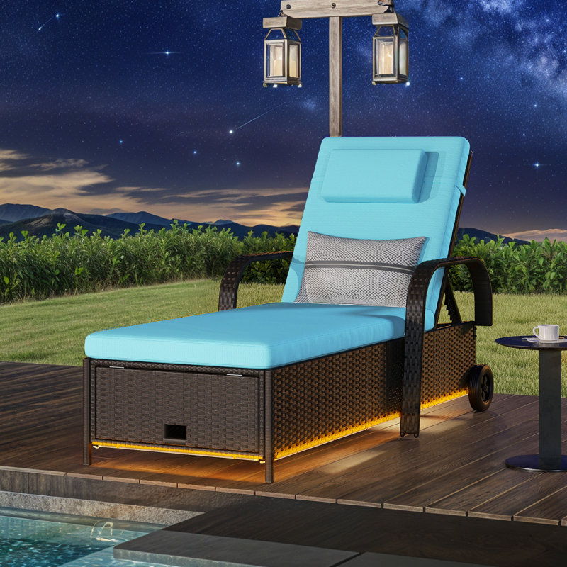 Outdoor Wicker Chaise Lounge With Storage Space And LED Lights, Blue