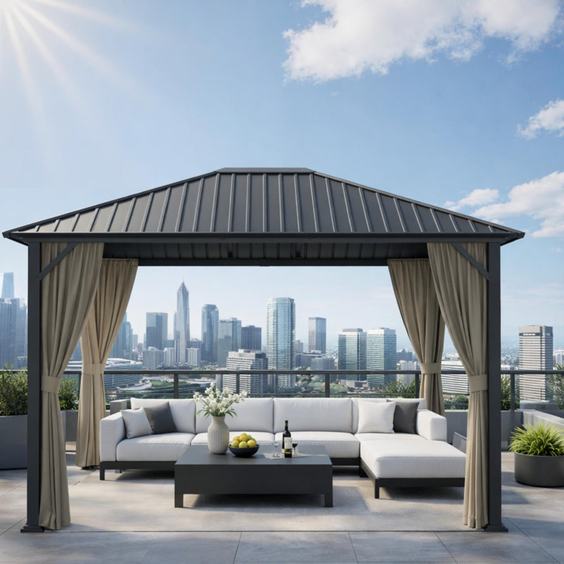 12 ft. W x 10 ft. D Heavy Duty Hardtop Gazebo - Metal Frame with Galvanized Steel Roof, Outdoor Gazebos with Mosquito Netting & Curtains