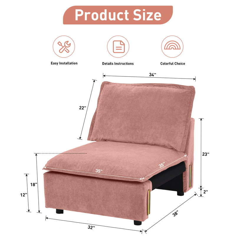 35" W Corduroy Modular Sofa Armless Chair Module, Pink
