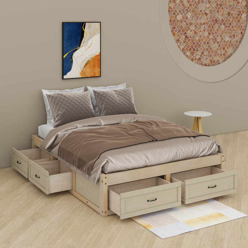 Grand lit plateforme avec tiroirs, Naturel antique