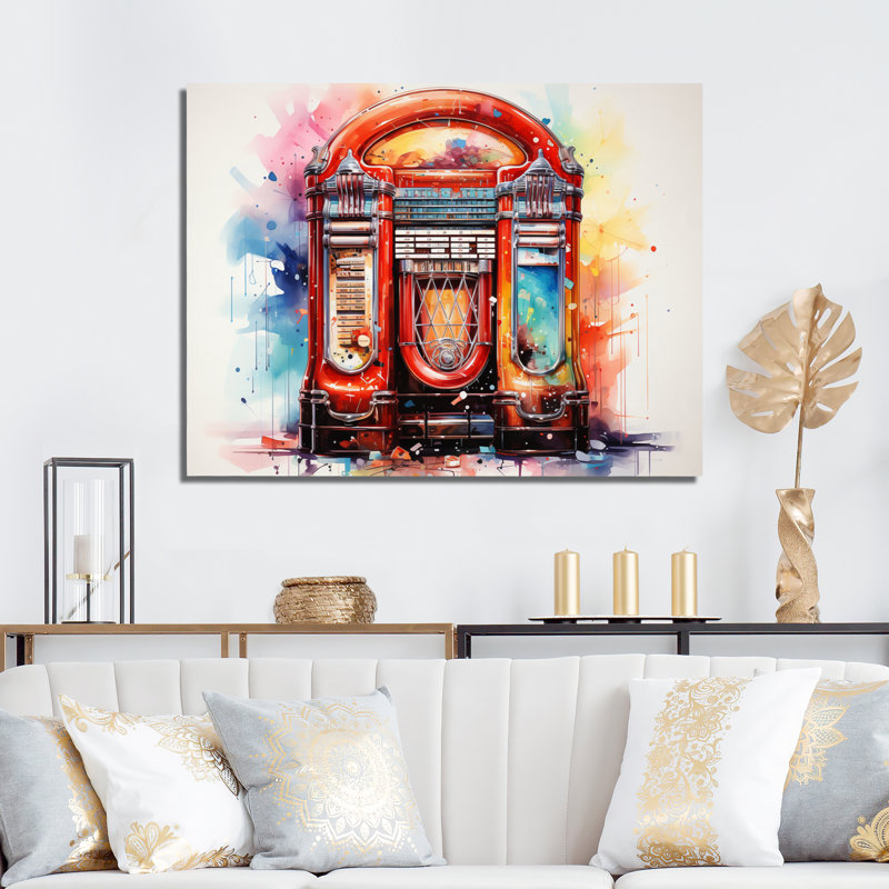 Jukeboxe Retro Resonance Pointillism I - Music Canvas Prints, H 24 po x l 32 po x P 1 po, Toile tendue