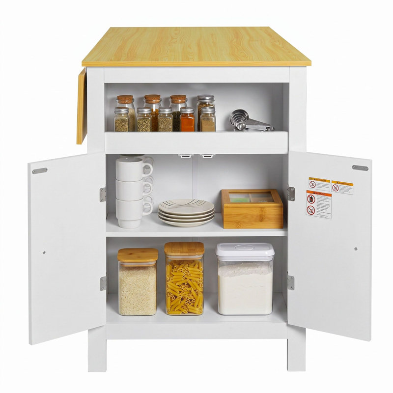 Buffet avec tablettes réglables, crochets latéraux et armoire de rangement, Blanc / naturel