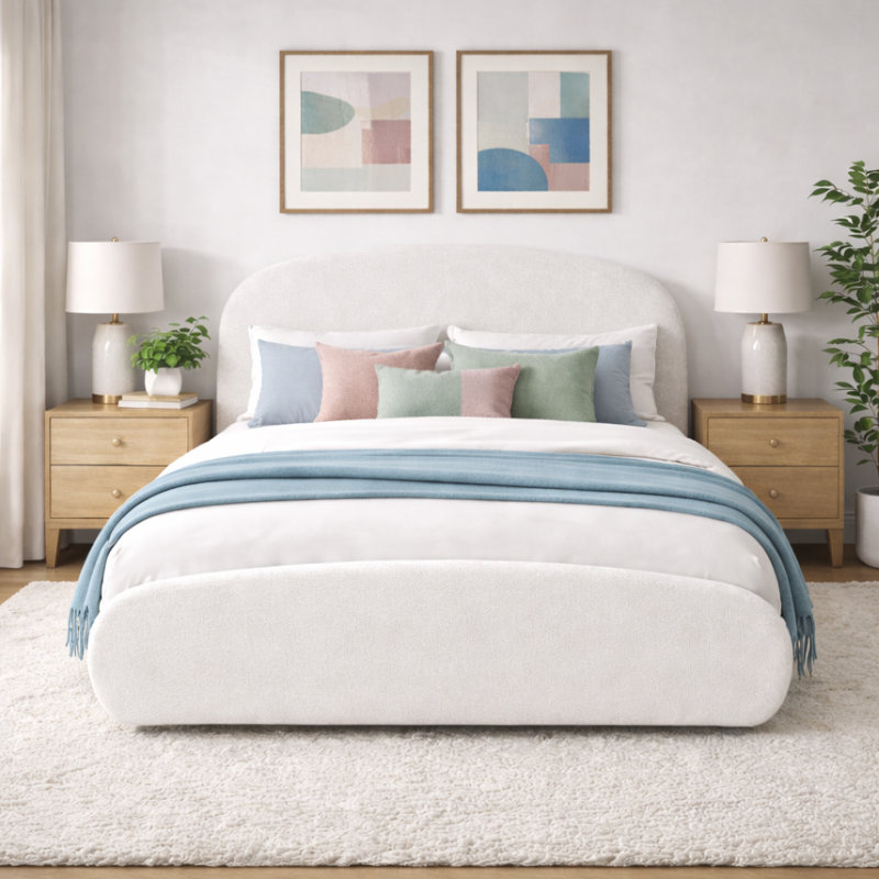 Willma Luxury Upholstered Platform Bed With Sculpted Rounded Design, Bouclé White, Queen, Queen