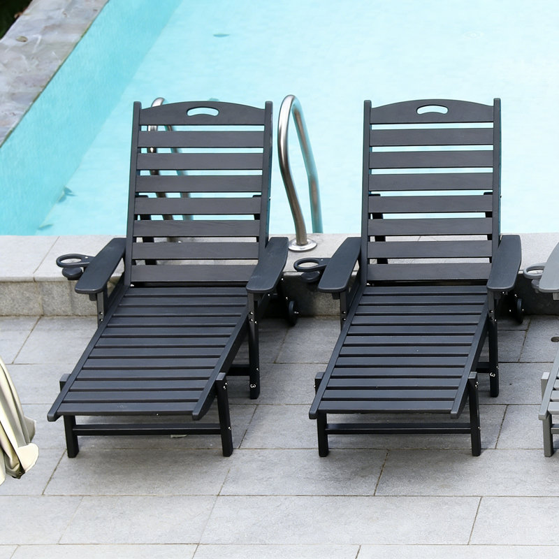 Chaise longue en PEHD pour l'extérieur, chaises longues pour piscine avec dossier réglable à 4 positions, Noir