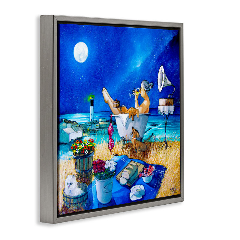 «Nighttime Bath» par Sea Brown, art mural encadré sur toile flottante par Ronald West, Cadre flottant gris lustré