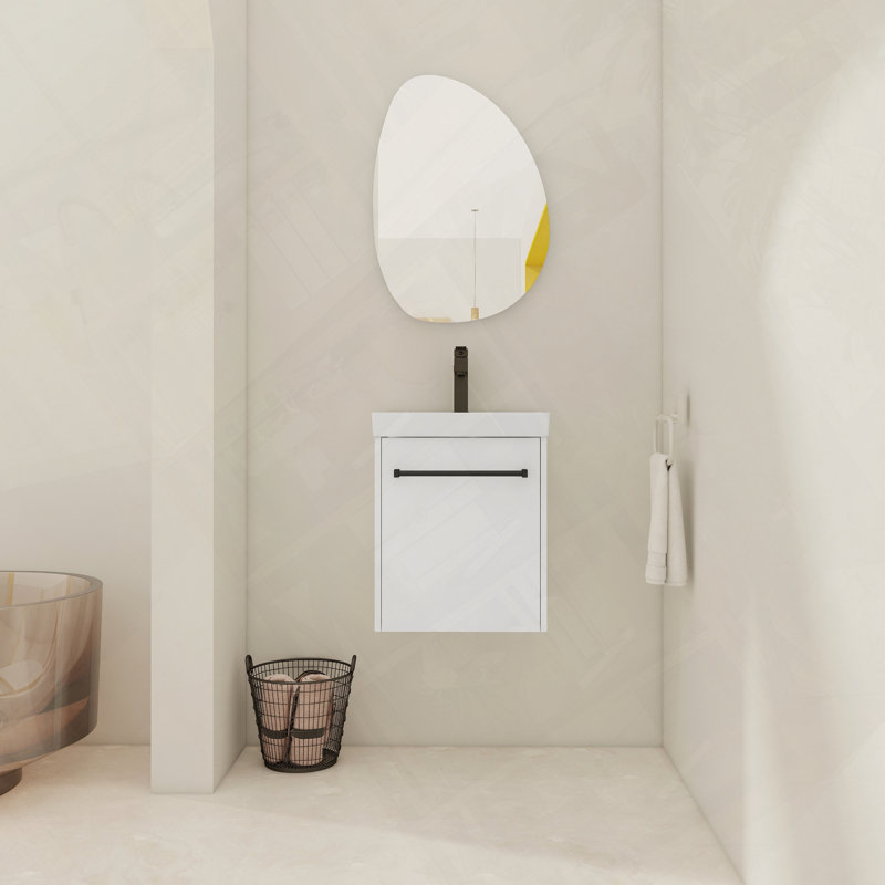 Meuble-lavabo flottant mural avec évier en céramique, Blanc lustré, 17"