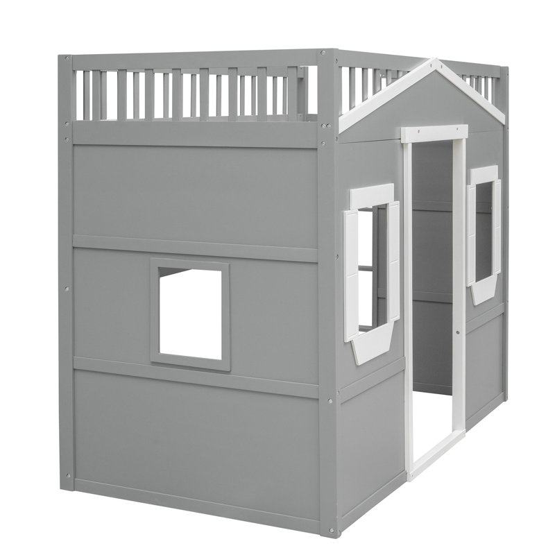 Lit mezzanine simple chic avec structure en pin massif gris et blanc pour une chambre à coucher moderne, Gris / Blanc