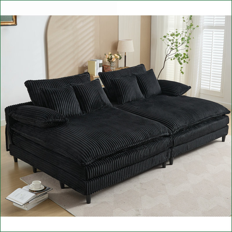 Très grand canapé-lit double surdimensionné, velours côtelé l 109 po avec 4 vitesses réglables, 4 coussins, 2 sièges | Noir | Cadre en bois massif