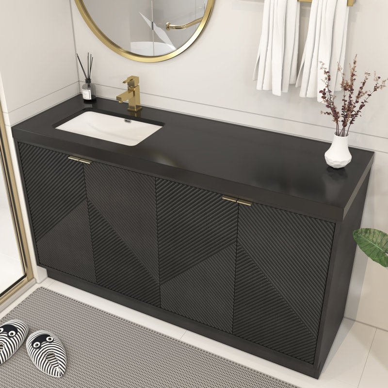 Monterey 59" Inch Freestanding Bathroom Vanity + Reinforced Black Acrylic Left Sink, Left, Black
