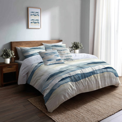 Coastal Bedding Set 5 Pcs - Abstract Shore Breeze Stripes Duvet Cover And Cushion Set