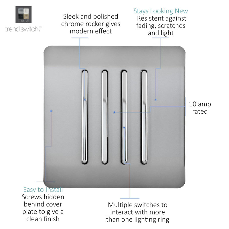 Trendi Switch 4 Gang 1 or 2 way Rocket Light Switch, Steel