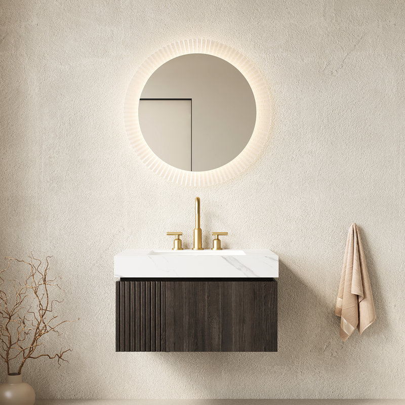 Meuble-lavabo avec comptoir en pierre frittée blanche, caisson suspendu en contreplaqué de 76 cm avec tiroir et porte, lavabo en céramique, 3 trous pré-percés pour robinetterie, assemblé, dessus de lavabo haute résistance, espace de rangement.