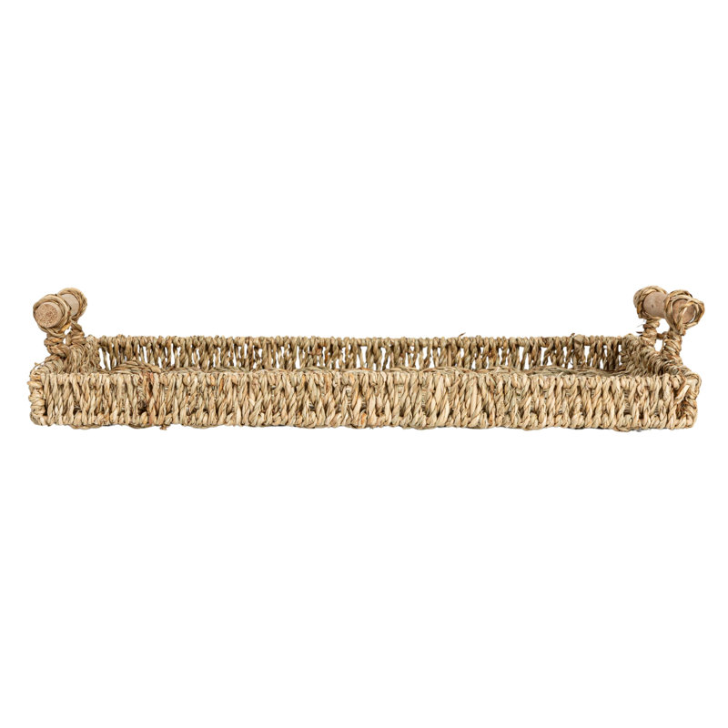 Natural Seagrass and Wood Rectangular Serving Tray Set with Handles