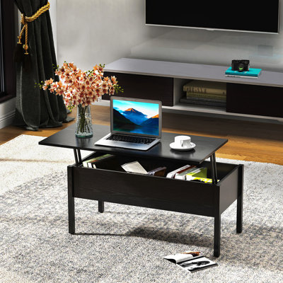 Table basse à plateau relevable moderne 39 "avec compartiment de rangement caché pour salon grain de bois