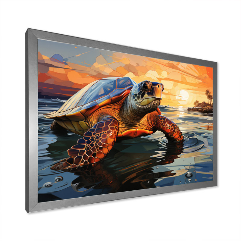 Portrait de tortue géométrique II, H 30 po x l 40 po x P 1,5 po, Cadre simple argenté