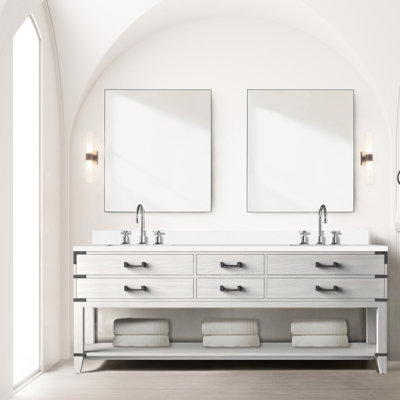 Meuble-lavabo double en chêne blanc l 84 po x P 22 po avec plateau en marbre de culture et miroirs 36 po