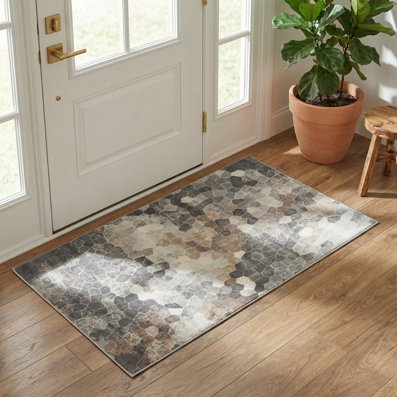 Tapis d'entrée gris / beige 2 pi x 5 pi (2 pi 3 po x 5 pi 1 po) à motif de mosaïque gris / beige, tapis d'entrée contemporain, résistant aux taches et à poils courts - porte d'entrée, vestibule, couloir et cuisine