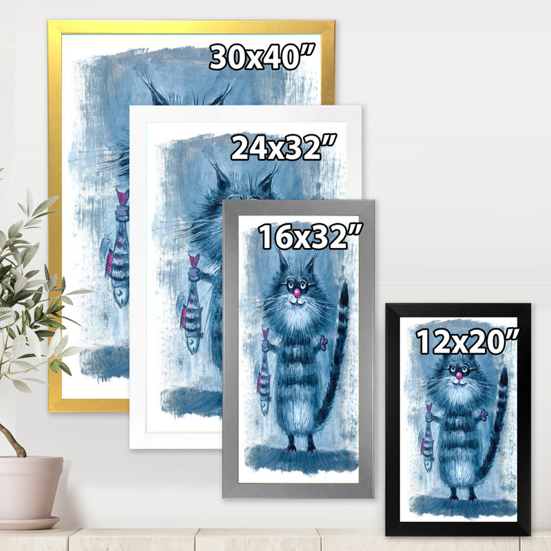 Chat tenant un poisson dans ses griffes - peinture sur toile, Cadre noir, H 32 po x l 24 po x P 1 po