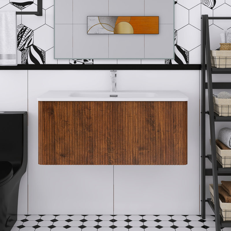 36" Striped Wall Mounted Floating Bathroom Vanity With White Ceramic Sink, Black Oak
