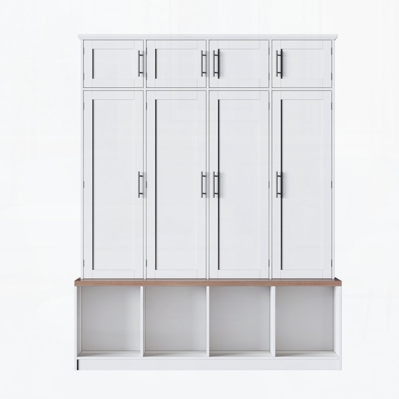 Farmhouse Hall Tree with 4 Hidden Hanging Hooks, Versatile Walnut Seating Bench with 8 Doors, Entryway Shoe Cabinet with Open Compartment for Living Room