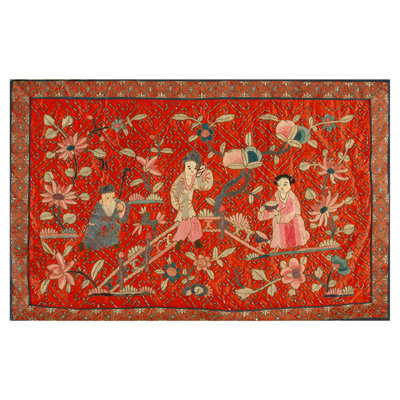 1930s Red Eight Immortals Chinese Silk Pictorial Embroidery 2' x 3' Carpet Rug