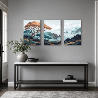 «Gnarled Trees» donnant sur des falaises brumeuses et un ensemble de 3 toiles