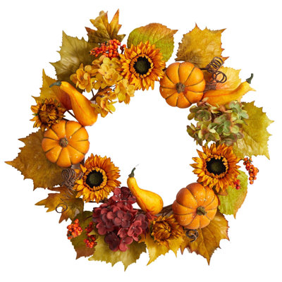 Autumn Sunflower Hydrangea and Pumpkin Wreath