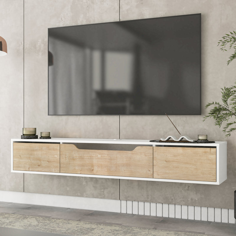 Luna Floating Tv Stand For Up To 80" Tv Wall Mounted Media Console, White/Natural Wood