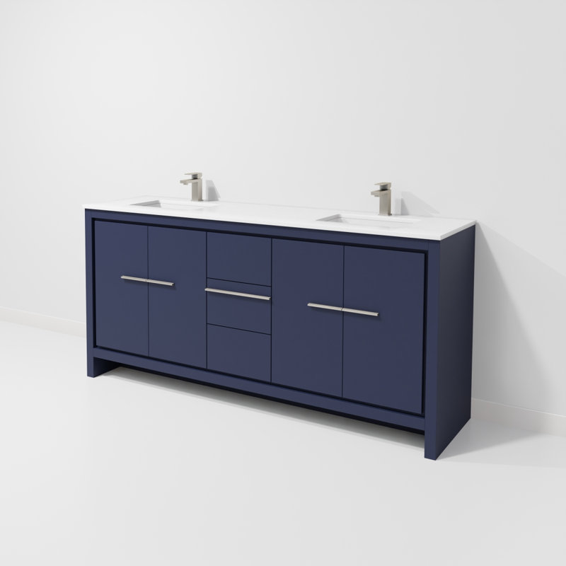 Navy Blue Double Bath Vanity 72 in. W x 20 in. D, White Quartz Top and Gun Metal Faucet Set
