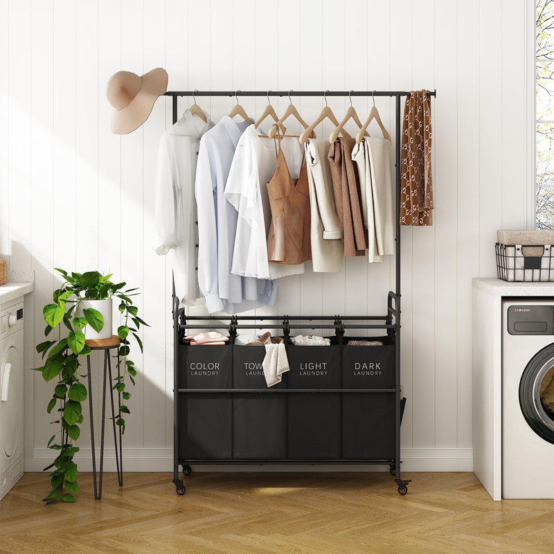 Black Metal Laundry Sorter Cart with Hanging Rack and Wheels