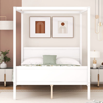 Grand lit plateforme à baldaquin blanc avec tête de lit Pied de support moderne à lattes. Vaste espace de rangement. Fabrication en bois. Dimensions: L 83,9 po x l 62,7 po x H 74,8 po. Capacité de poids: 500 lb. Facile à