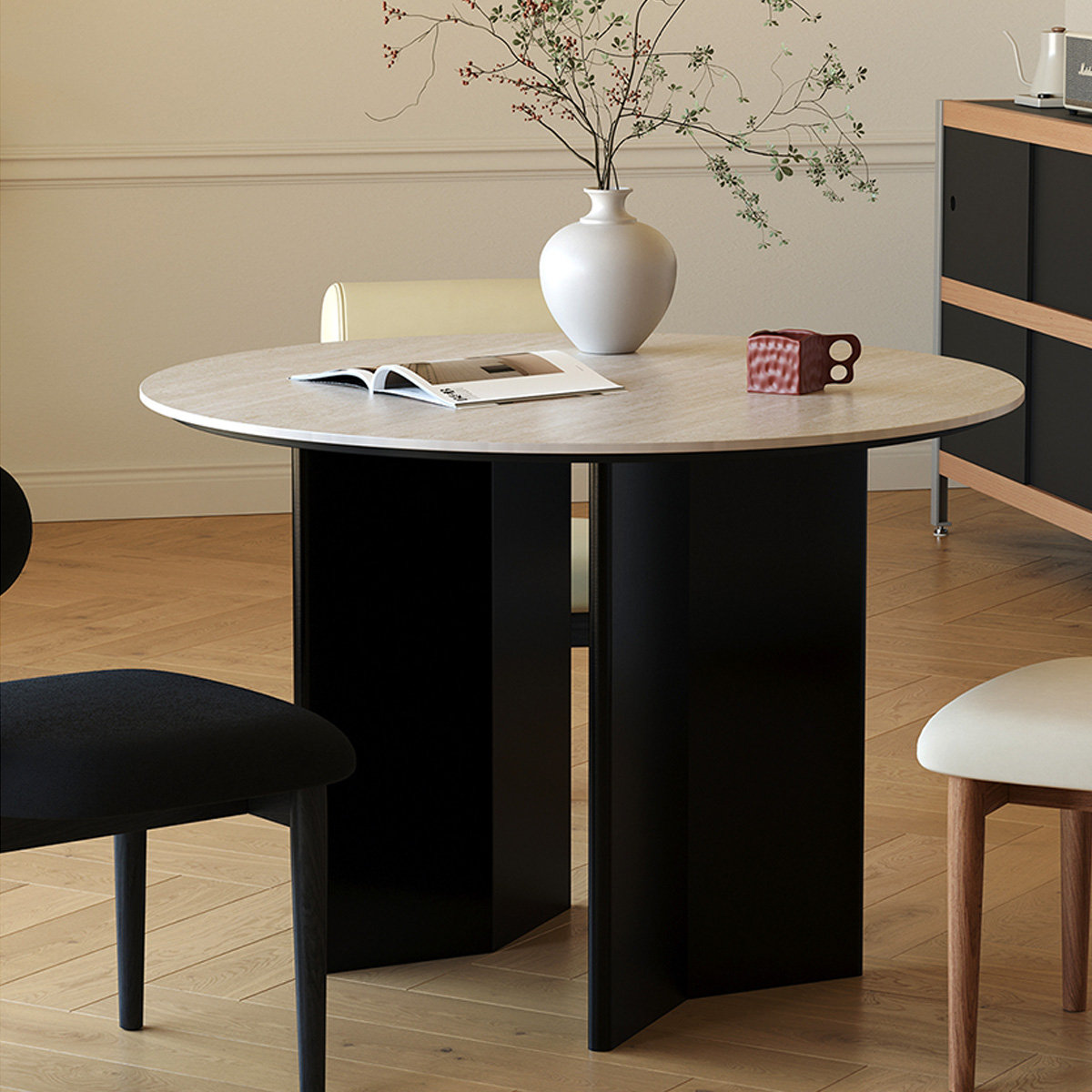 Hokku Designs Black White Round Sintered Stone Solid Wood Dining table ...