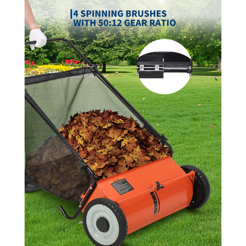 Balayeuse à gazon 26 po, 4 brosses rotatives, sac en filet de 7 pi cu, cadre en acier, feuilles de débris d'herbe