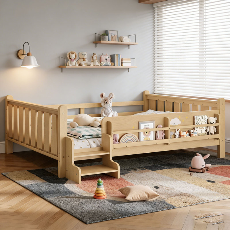 Lit de plancher en bois massif avec bibliothèques de rangement avec de jolis escaliers et garde-corps, Grand lit, Bookcases