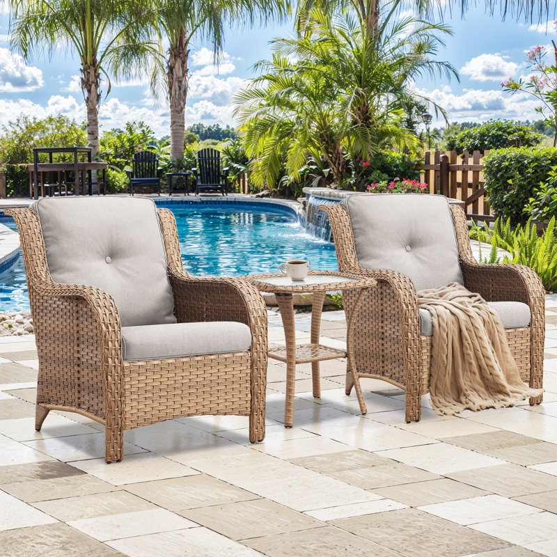 Carolina 2 - Person Outdoor Seating Group PE Wicker Chair With Cushions With Side Table, Beige