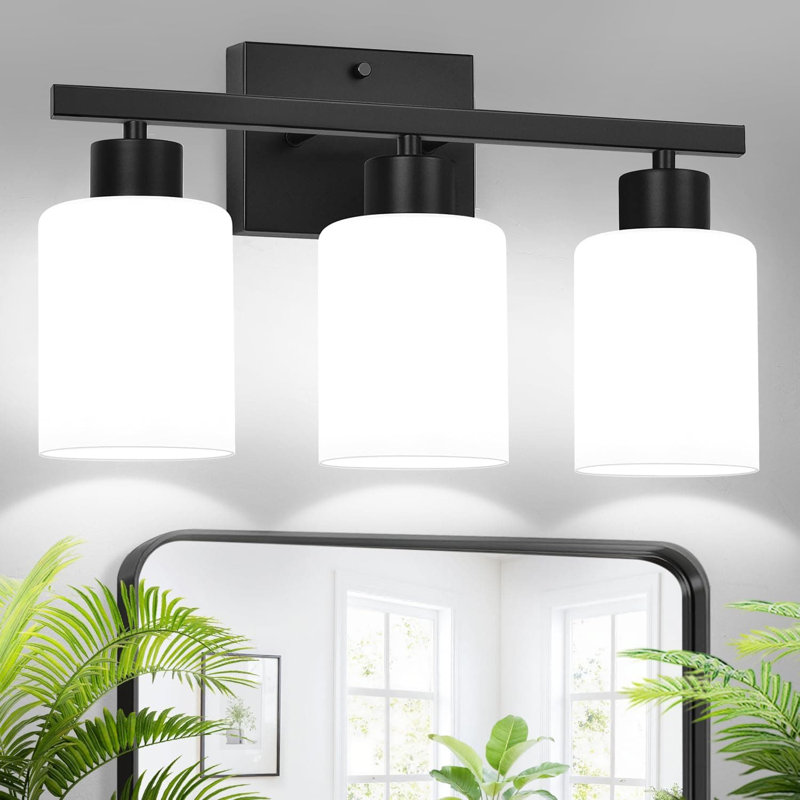 Luminaire de salle de bain 3 lumières avec abat-jour en verre givré, applique murale de salle de bain moderne noire avec douilles E26 pour éclairage de miroir, chambre à coucher, salon