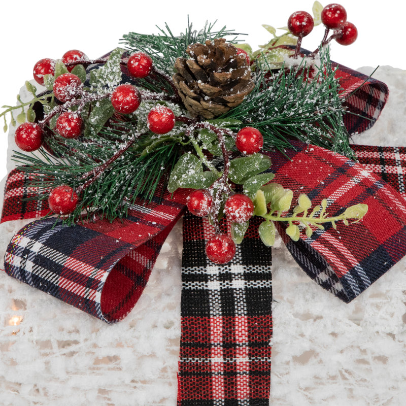 Set of 3 Lighted White and Red Plaid Christmas Gift Boxes