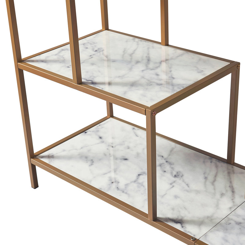 Carbone Modern Media Console Table with Open Geometric Shelves and Faux Marble Top
