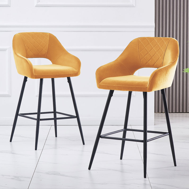Sunni 67cm Velvet Upholstered Arm Bar Stool with Footrest, Yellow