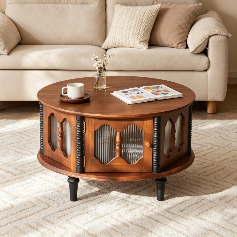 Table basse ronde en noyer de 80 cm (31,5 po) avec portes en verre cannelé, rangement, style rétro du milieu du siècle