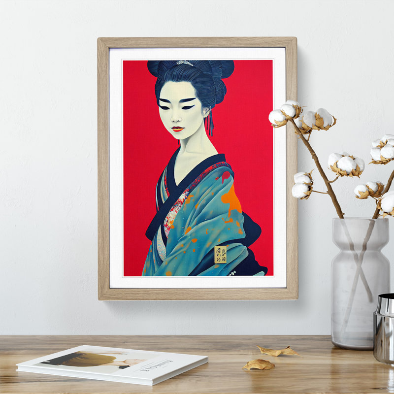 Charismatic Geisha - Wall Art, 36cm H x 27cm W x 2cm D, Oak Framed, White