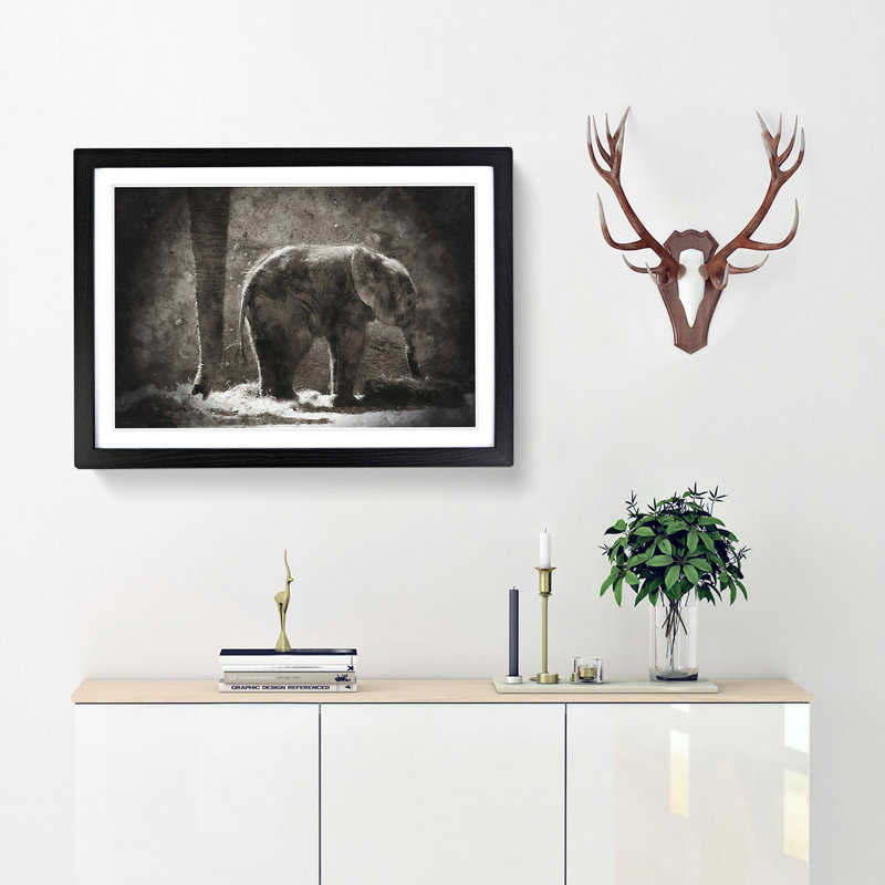Mother and Baby Elephant Together - Picture Frame Painting Print, 33cm H x 45cm W x 2cm D, Black Framed
