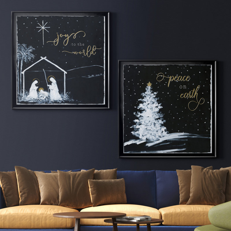 «Joy to the world», ensemble de 2 reproductions d'art encadrées, H 17,5 po x l 35 po x P 1,5 po, Toile encadrée noire
