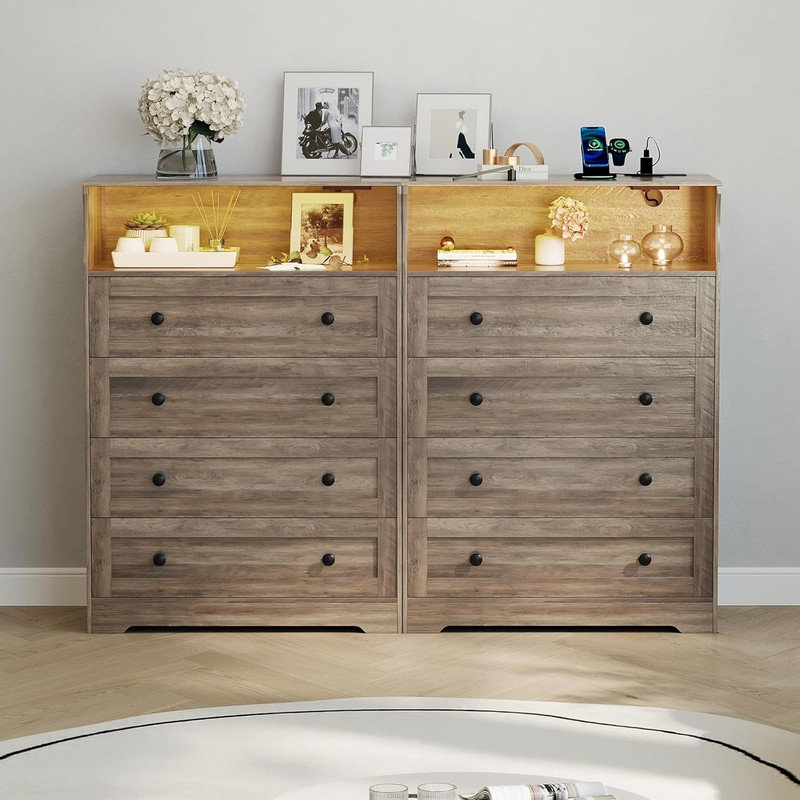 4-Drawer Wooden Dresser with Charging Station & LED Lights, Narrow Storage Organizer for Bedroom, Brown